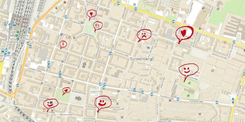 Karte des Sonnenberg-Gebiets sind mit roten Kreisen und Emoji in den verschiedenen Orten markiert